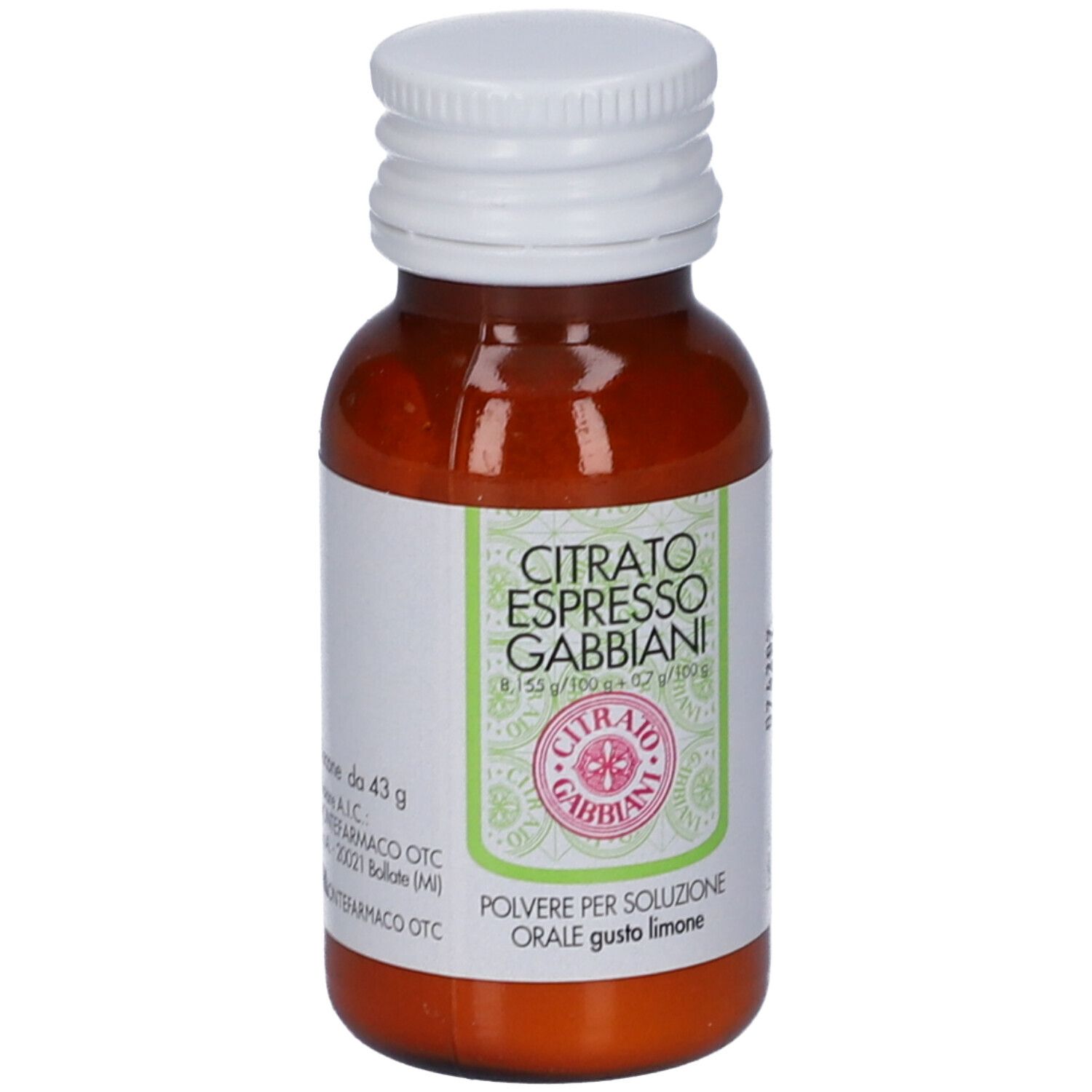 Flacone marrone, tappo bianco. CITRATO ESPRESSO GABBIANI. Polvere orale, gusto limone. Flacone da 43 g.