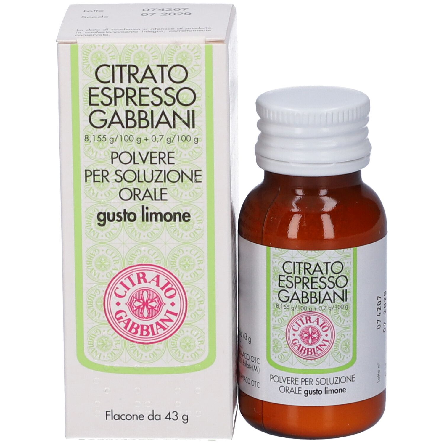 Scatola e flacone. CITRATO ESPRESSO GABBIANI. Polvere orale, gusto limone. Flacone da 43 g.