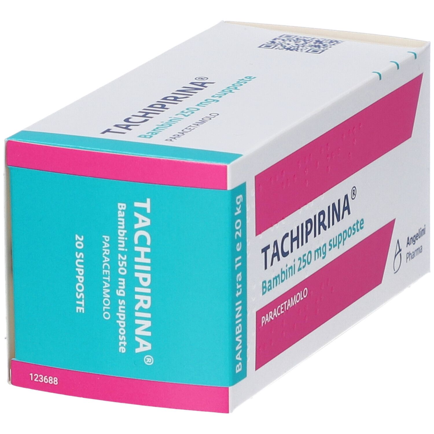 Scatola di TACHIPIRINA Bambini 250 mg supposte. Rosa e bianca. Testo: Paracetamolo, 20 Supposte.
