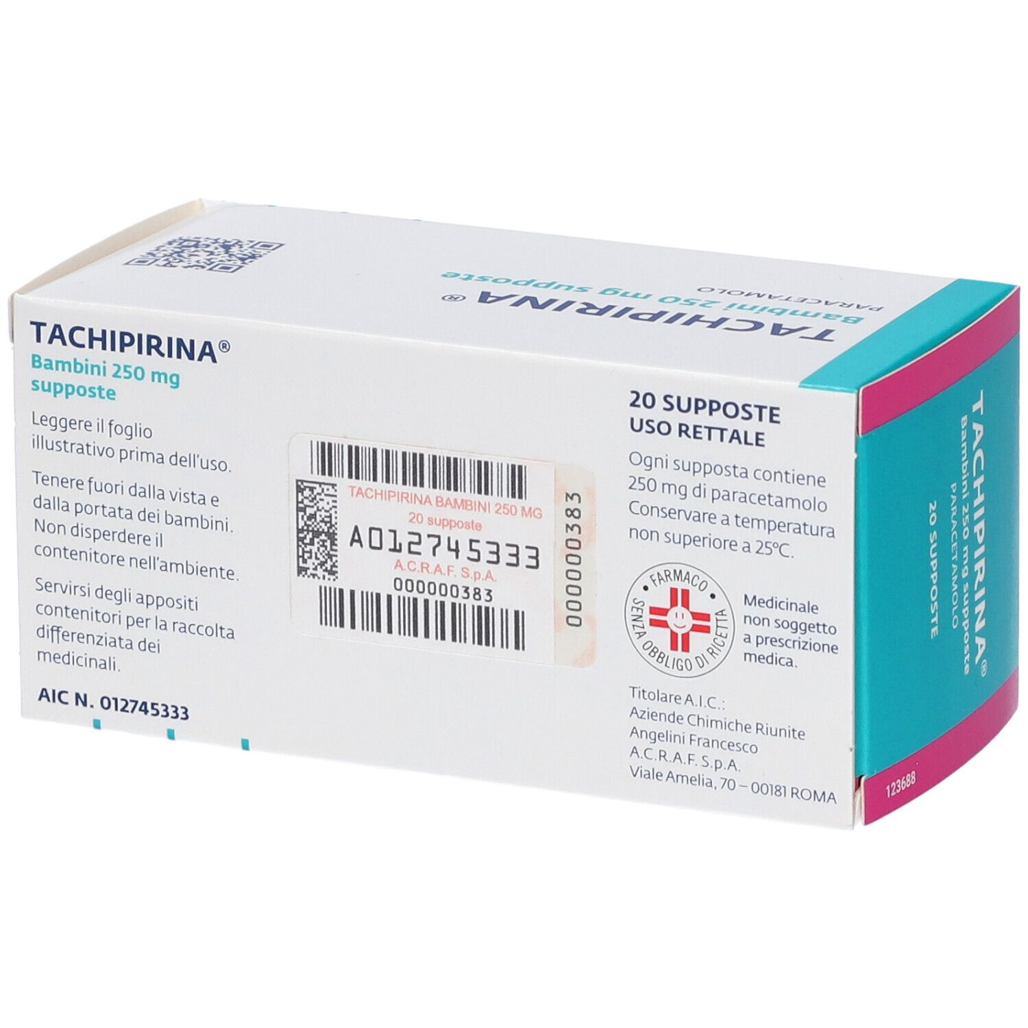 Retro scatola TACHIPIRINA Bambini 250 mg supposte. Testo: 20 Supposte, Uso rettale, Paracetamolo.