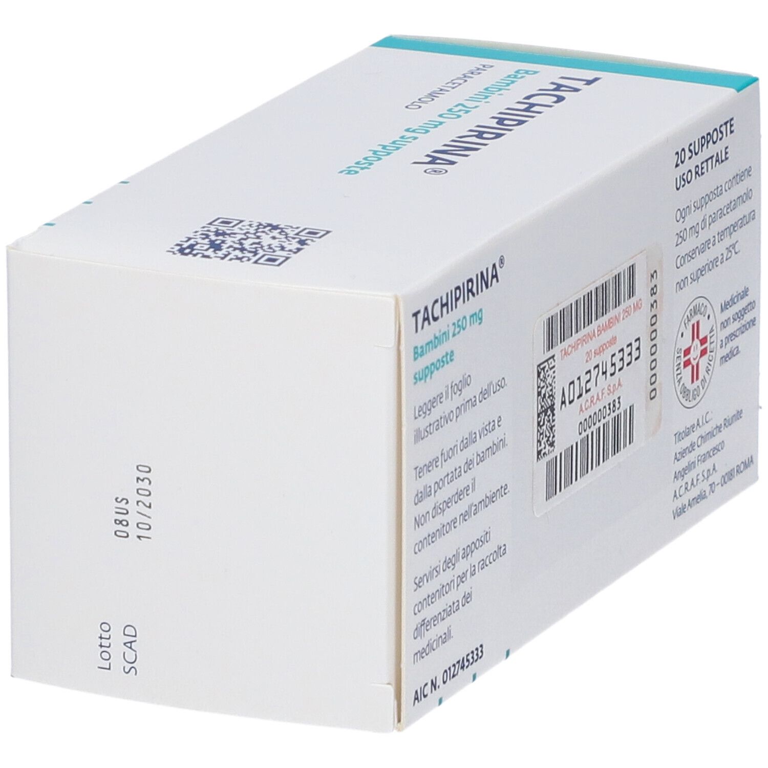 Lato scatola TACHIPIRINA Bambini 250 mg supposte. Testo: 10/2030, SCAD, Lotto.