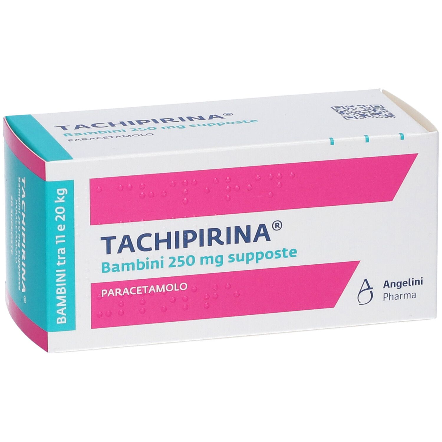 Scatola di TACHIPIRINA Bambini 250 mg supposte. Rosa e bianca. Testo: Paracetamolo, Bambini tra 11 e 20 kg.