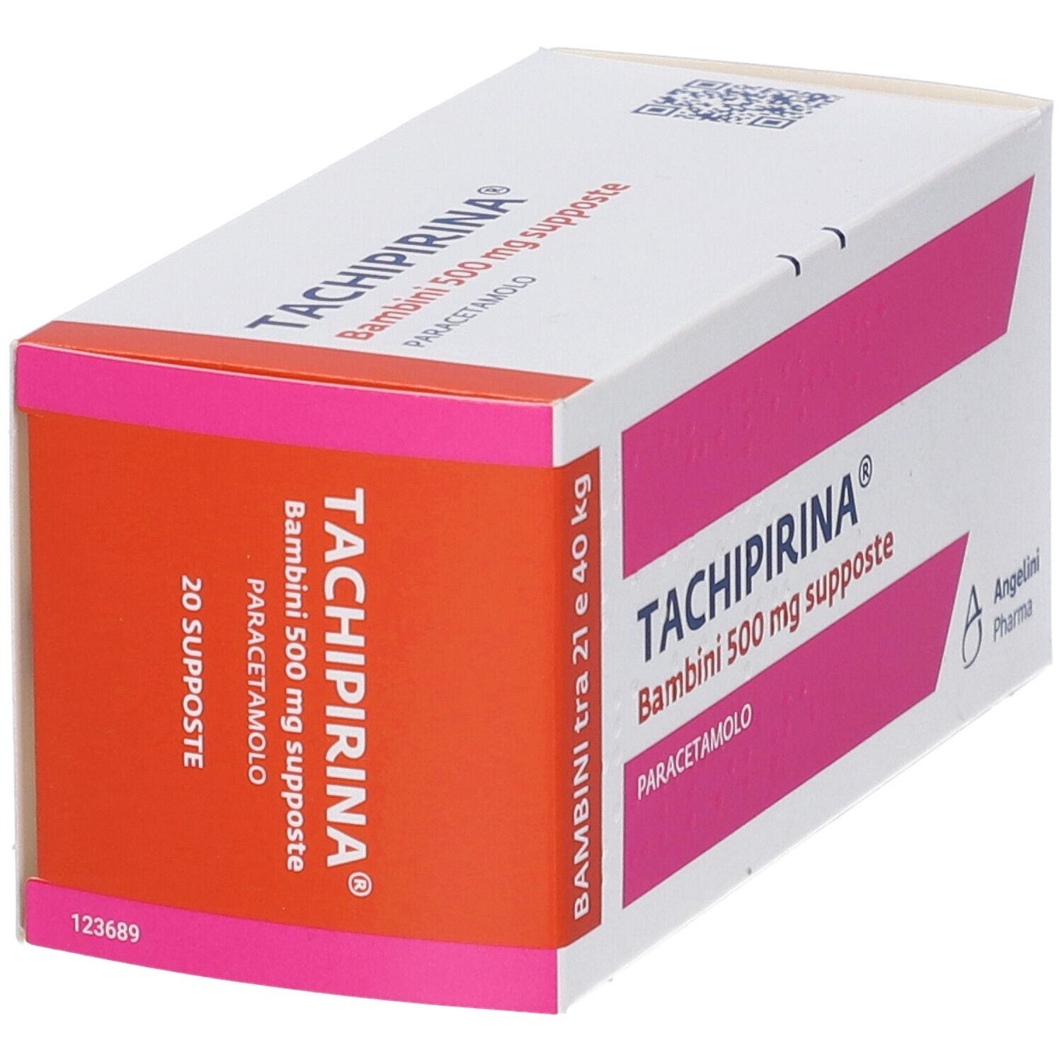 Scatola con dettagli rosa e arancioni. Scritto: TACHIPIRINA Bambini 500 mg supposte. Contiene Paracetamolo. 20 supposte.