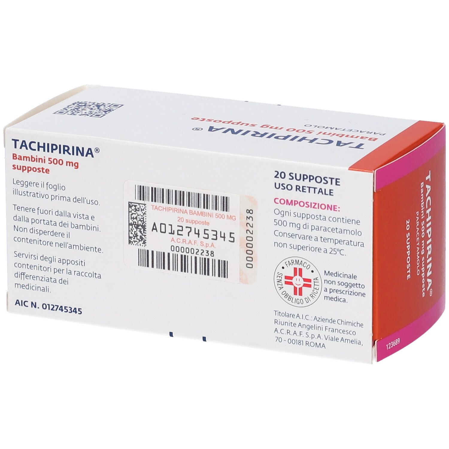 Retro della confezione. Scritto: TACHIPIRINA Bambini 500 mg supposte. Contiene 20 supposte. Composizione e istruzioni per l'uso.
