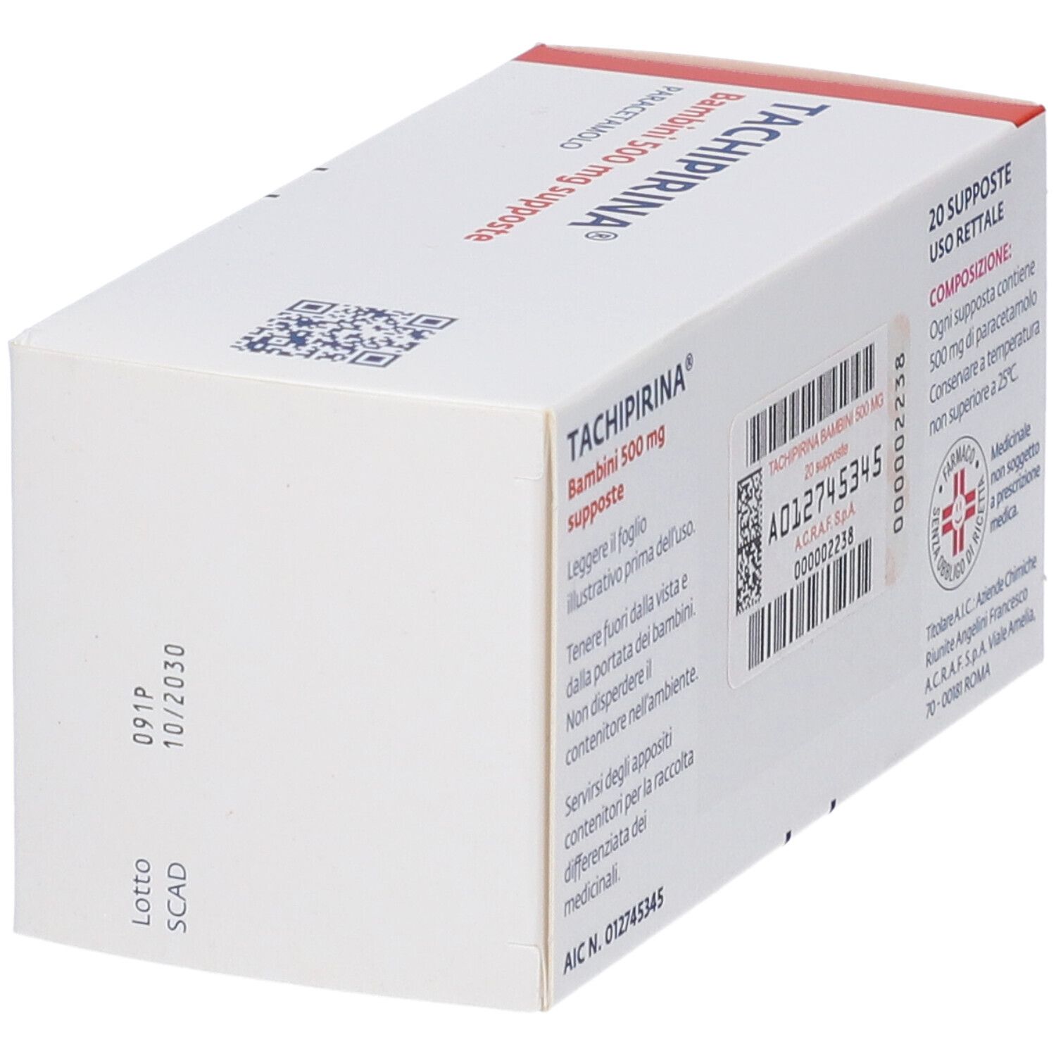 Vista laterale della confezione. Scritto: TACHIPIRINA Bambini 500 mg supposte. Contiene 20 supposte. Data di scadenza.