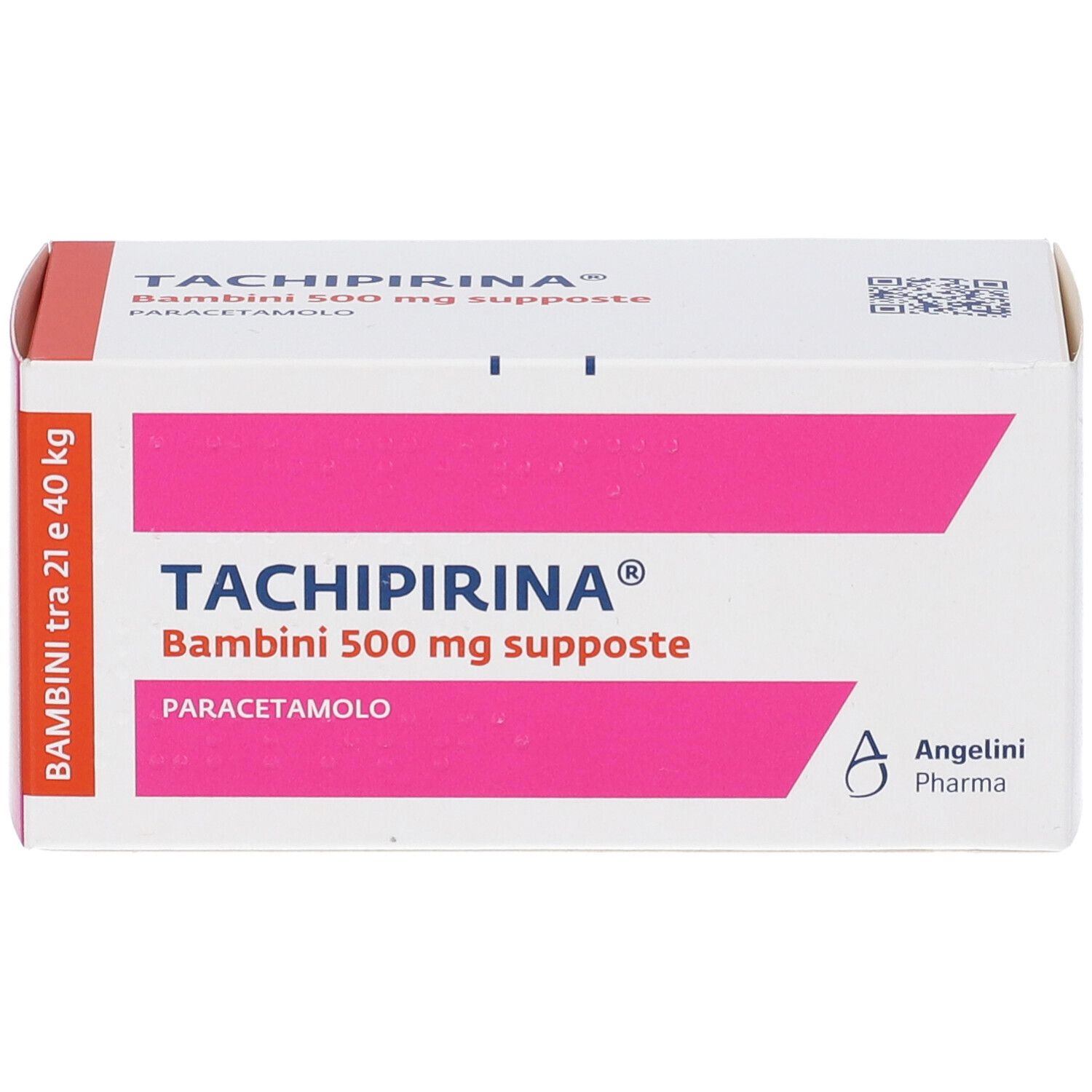 Scatola bianca con dettagli rosa. Scritto: TACHIPIRINA Bambini 500 mg supposte. Contiene Paracetamolo. Logo Angeliini Pharma.