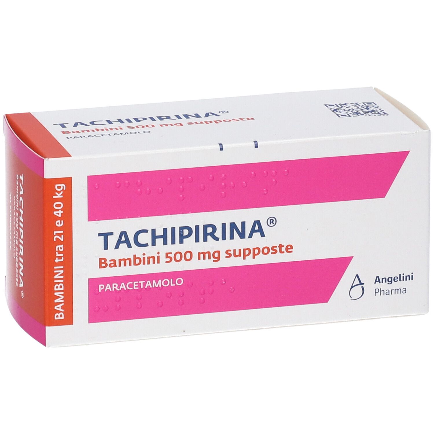 Scatola bianca con dettagli rosa. Scritto: TACHIPIRINA Bambini 500 mg supposte. Contiene Paracetamolo. Logo Angeliini Pharma.