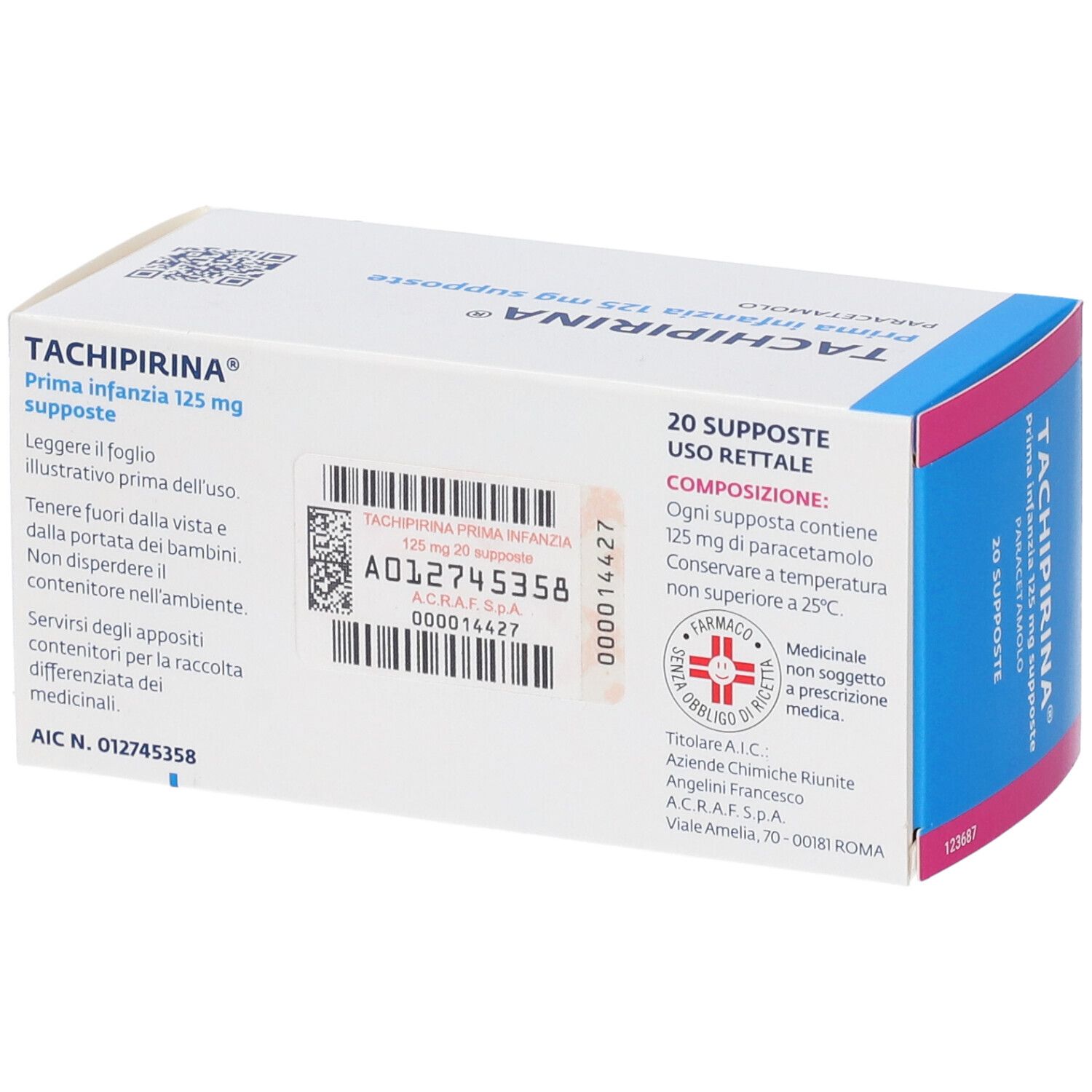 Retro della scatola. Testo: TACHIPIRINA Prima Infanzia 125 mg supposte. Informazioni, codice a barre, composizione, logo farmacia.
