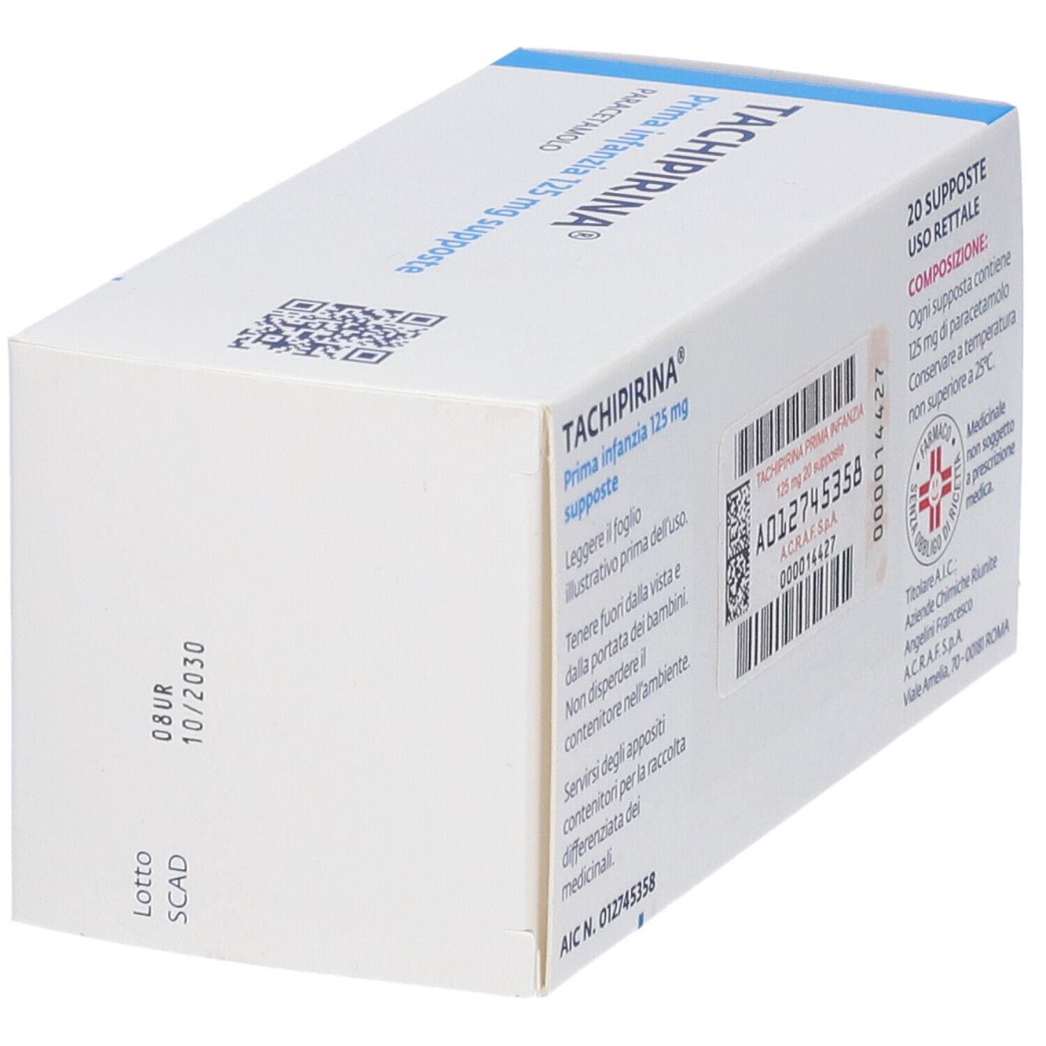 Scatola vista in diagonale. Testo: TACHIPIRINA Prima Infanzia 125 mg supposte. Codice a barre, scadenza, numero di lotto.