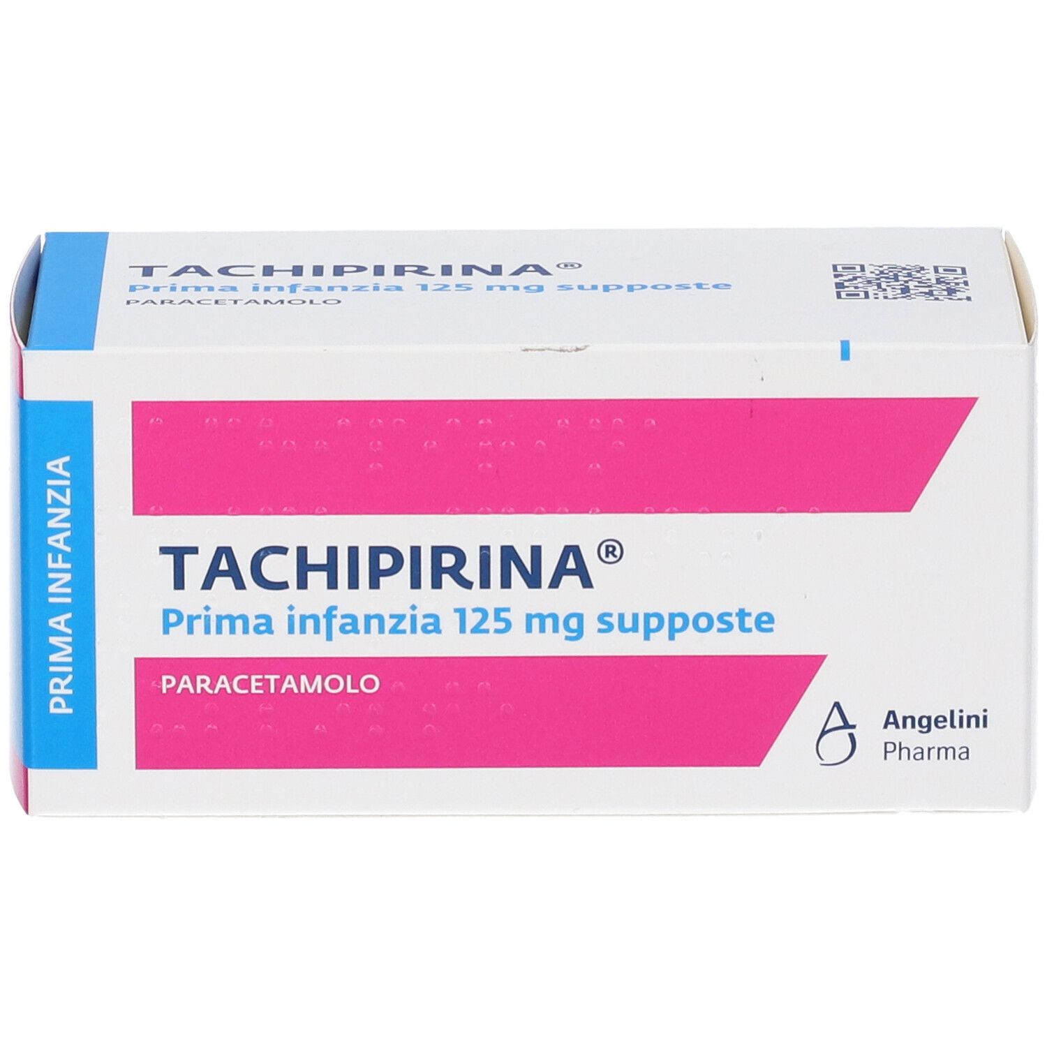 Scatola bianca con scritte rosa. Scritto: TACHIPIRINA Prima Infanzia 125 mg supposte. Logo Angolini Pharma.