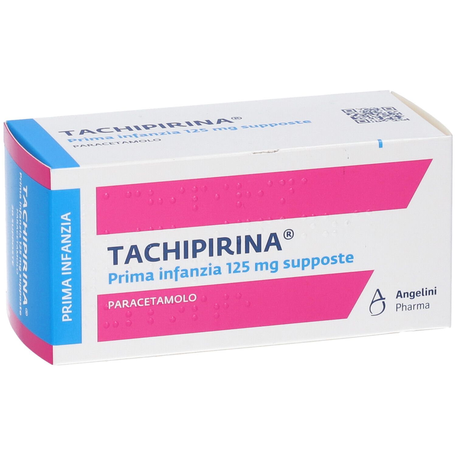 Scatola bianca con scritte rosa. Scritto: TACHIPIRINA Prima Infanzia 125 mg supposte. Logo Angolini Pharma.