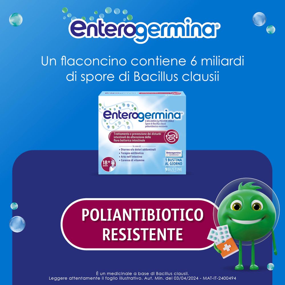 Enterogermina 6 miliardi 9 bustine, ripristino flora intestinale alterata