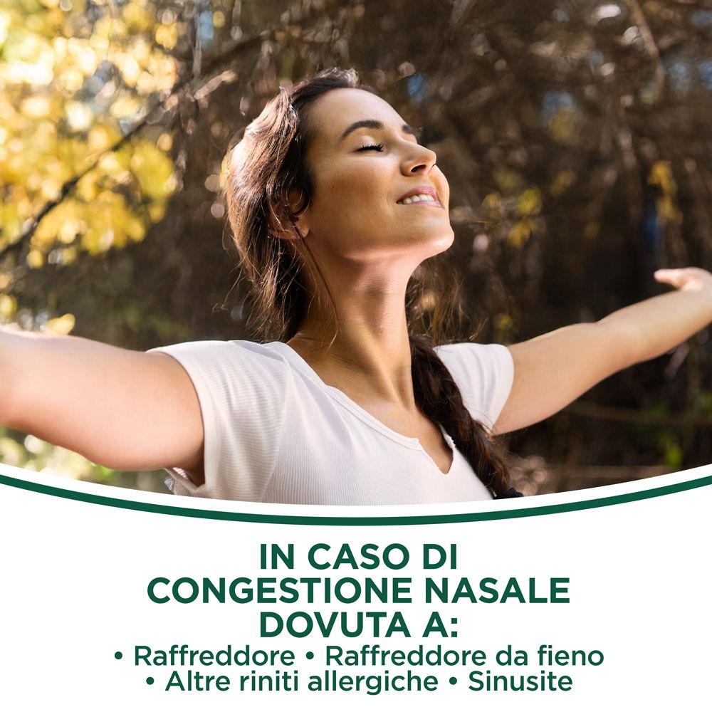 Donna all'aperto, braccia aperte. Testo: In caso di congestione nasale dovuta a: Raffreddore...
