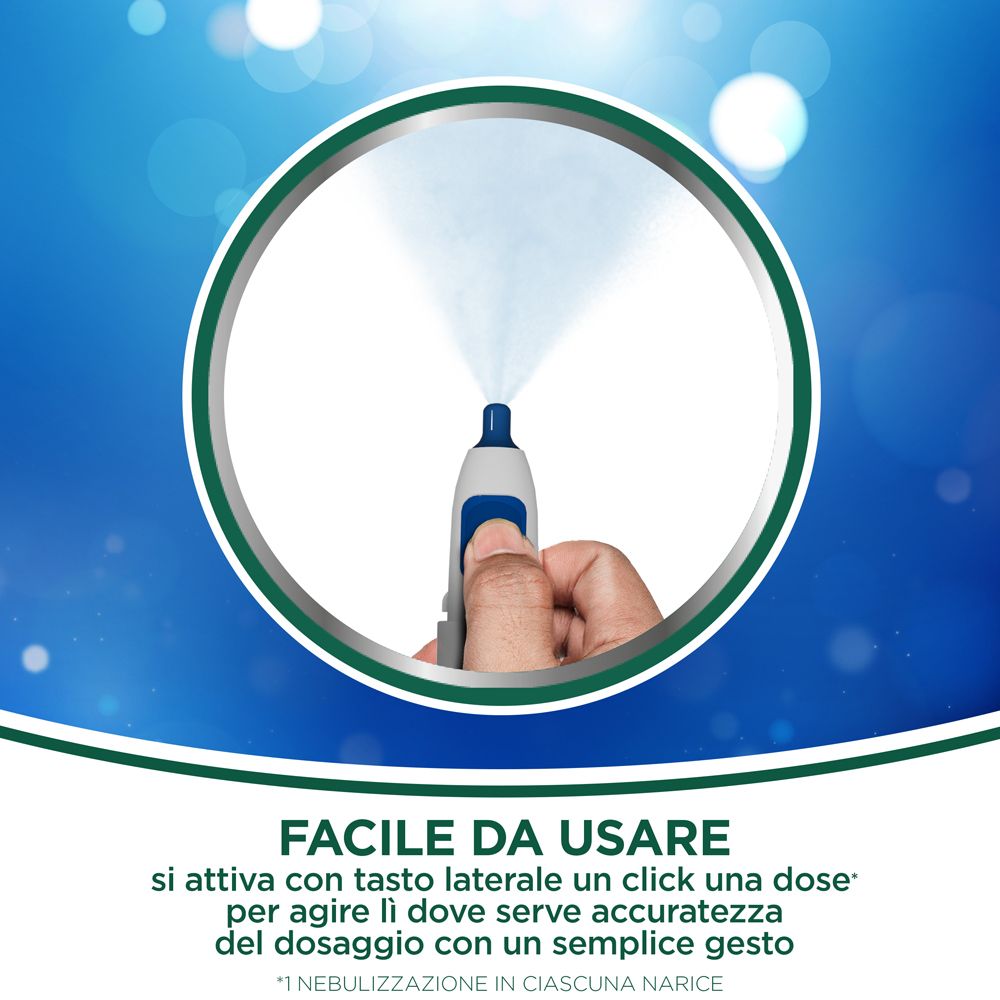 Mano che preme l'erogatore dello spray nasale. Testo: Facile da usare, si attiva...