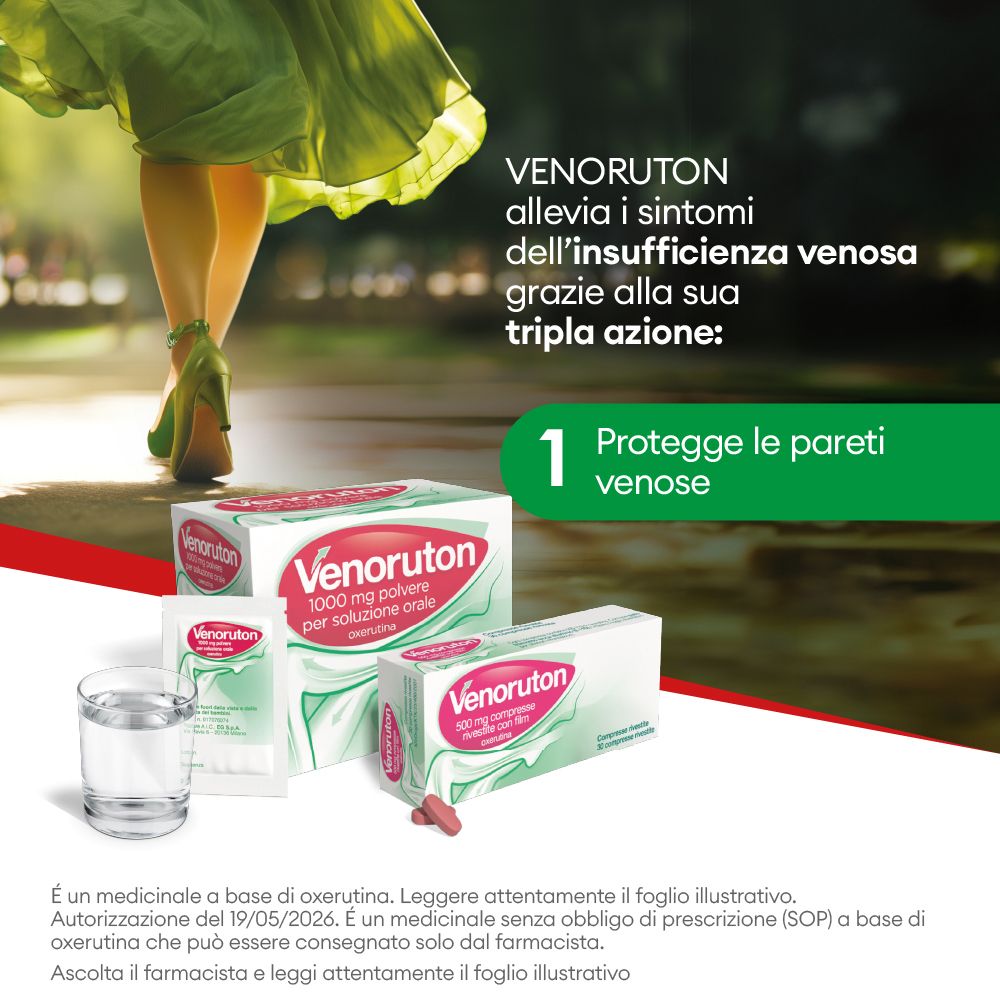 Venoruton 1000 mg polvere per soluzione orale, confezione e bicchiere.