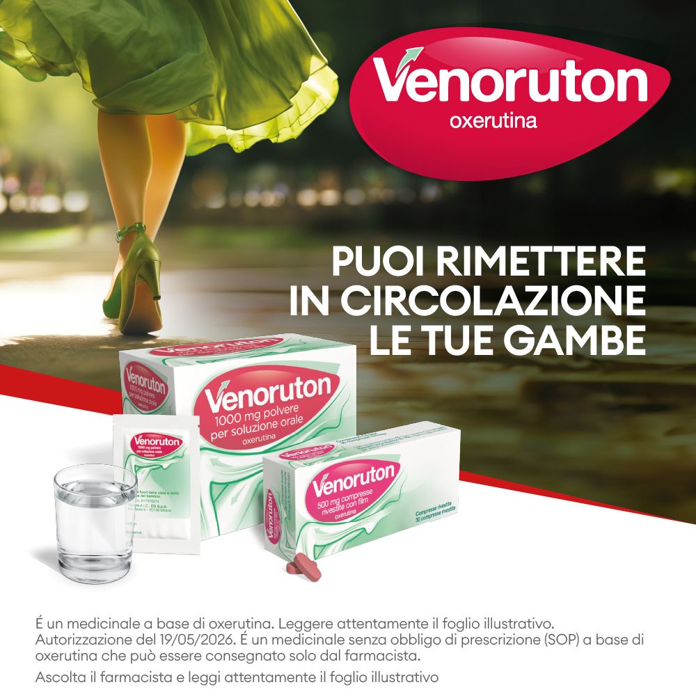 Venoruton: Rimetti in circolazione le tue gambe. Confezione e bicchiere.