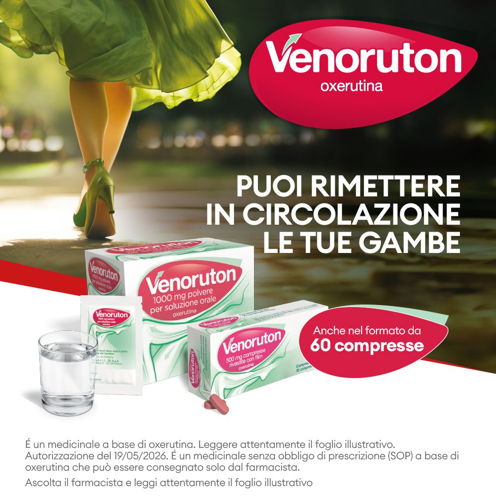 Venoruton: Disponibile anche in confezione da 60 compresse. Confezione e bicchiere.