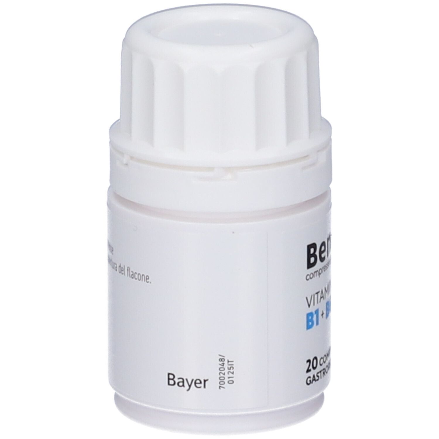 Flacone bianco di compresse, vista laterale. Logo Bayer e testo. Tappo scanalato.