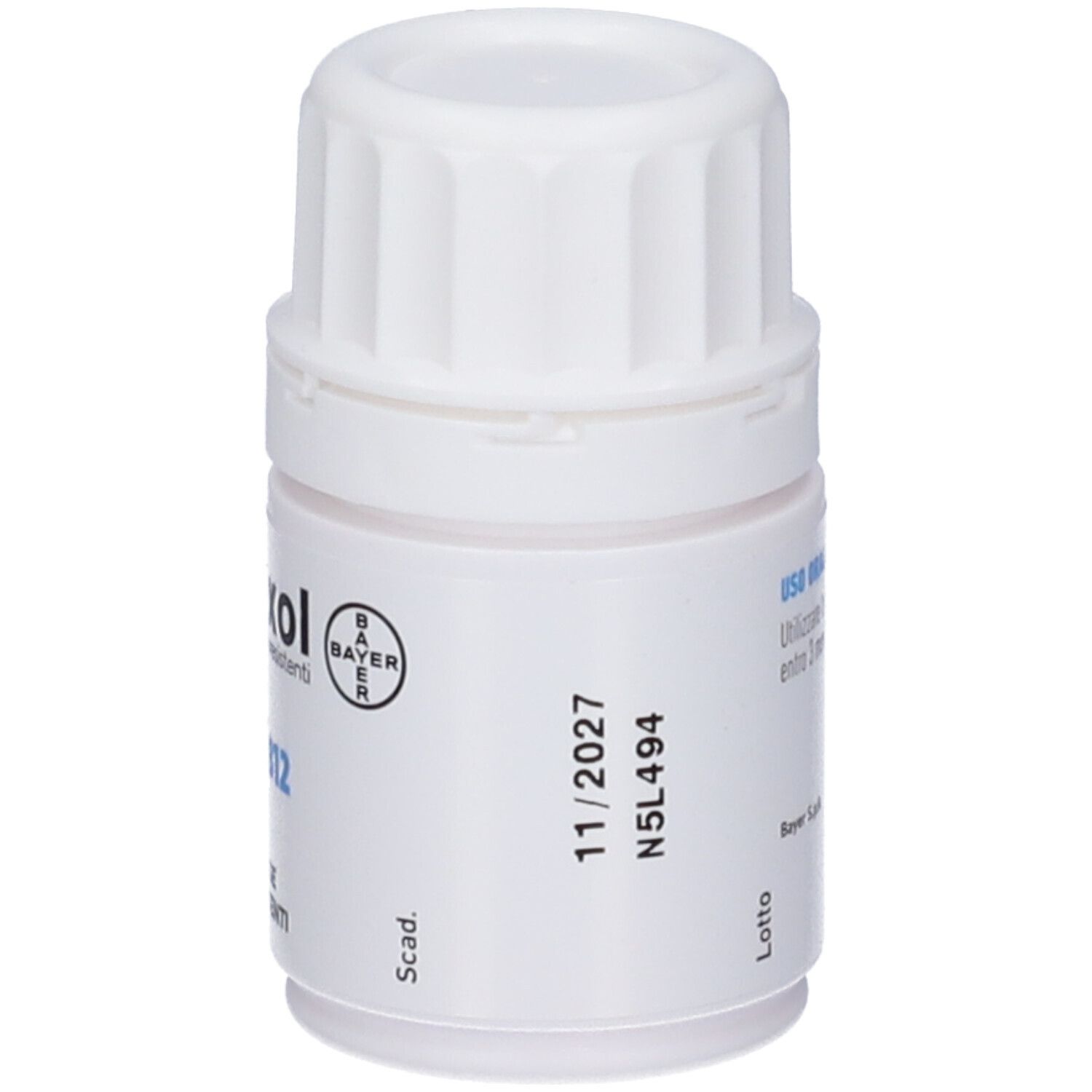 Flacone bianco di compresse con tappo. Stampa: 11/2027. Logo Bayer. Testo.