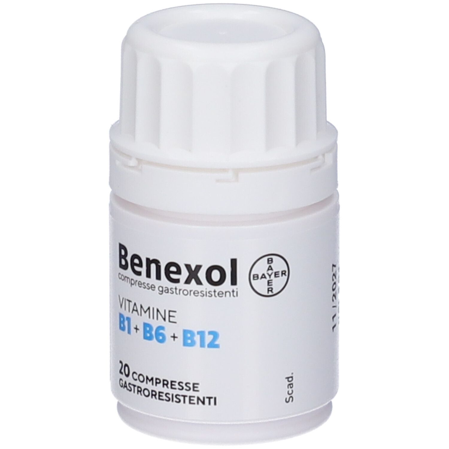 Flacone bianco di compresse Benexol. Scritta: Vitamine B1+B6+B12, 20 compresse. Logo Bayer.