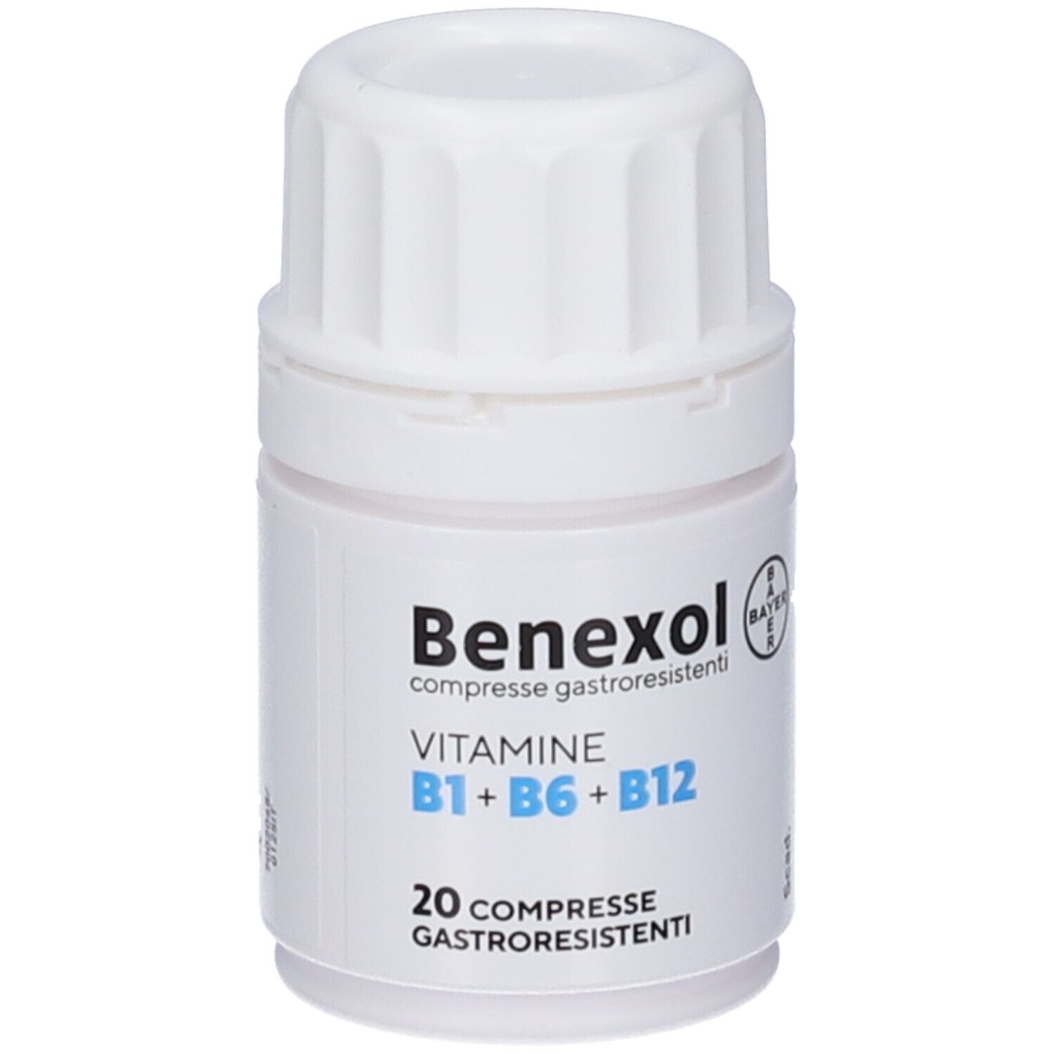 Flacone bianco di compresse Benexol. Scritta: Vitamine B1+B6+B12, 20 compresse. Logo Bayer.