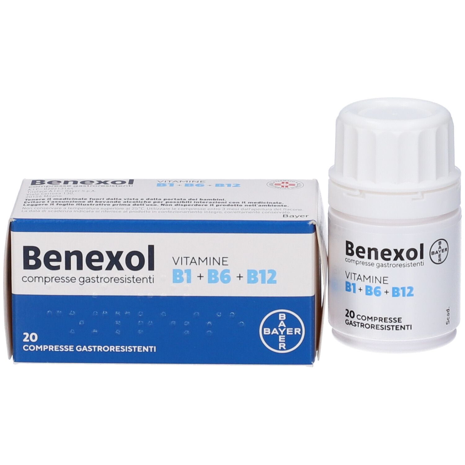 Flacone e scatola di compresse Benexol. Scritta: Vitamine B1+B6+B12, 20 compresse. Logo Bayer.