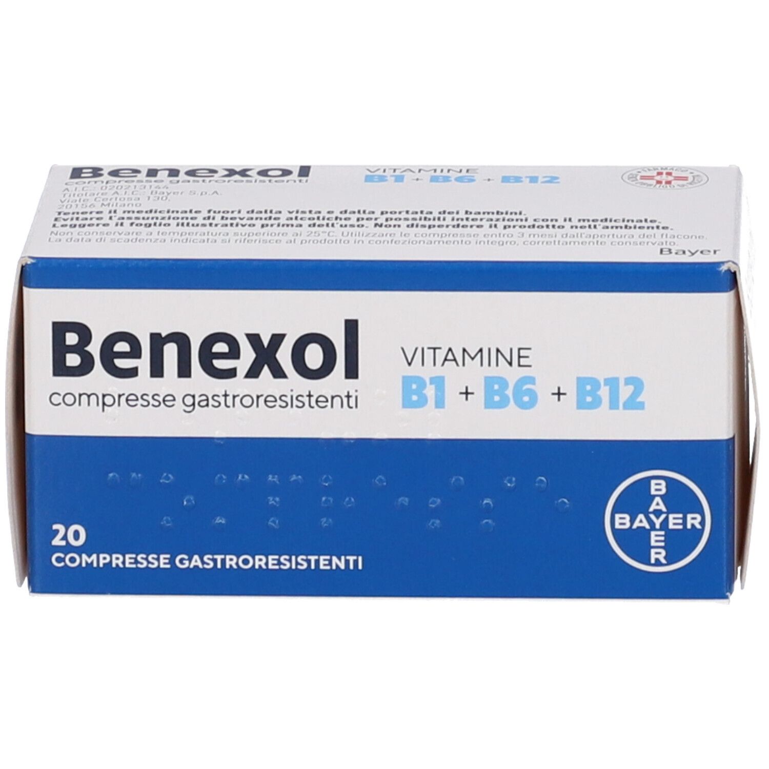 Scatola Benexol. Scritta: Vitamine B1+B6+B12, 20 compresse. Logo Bayer. Confezione blu e bianca.