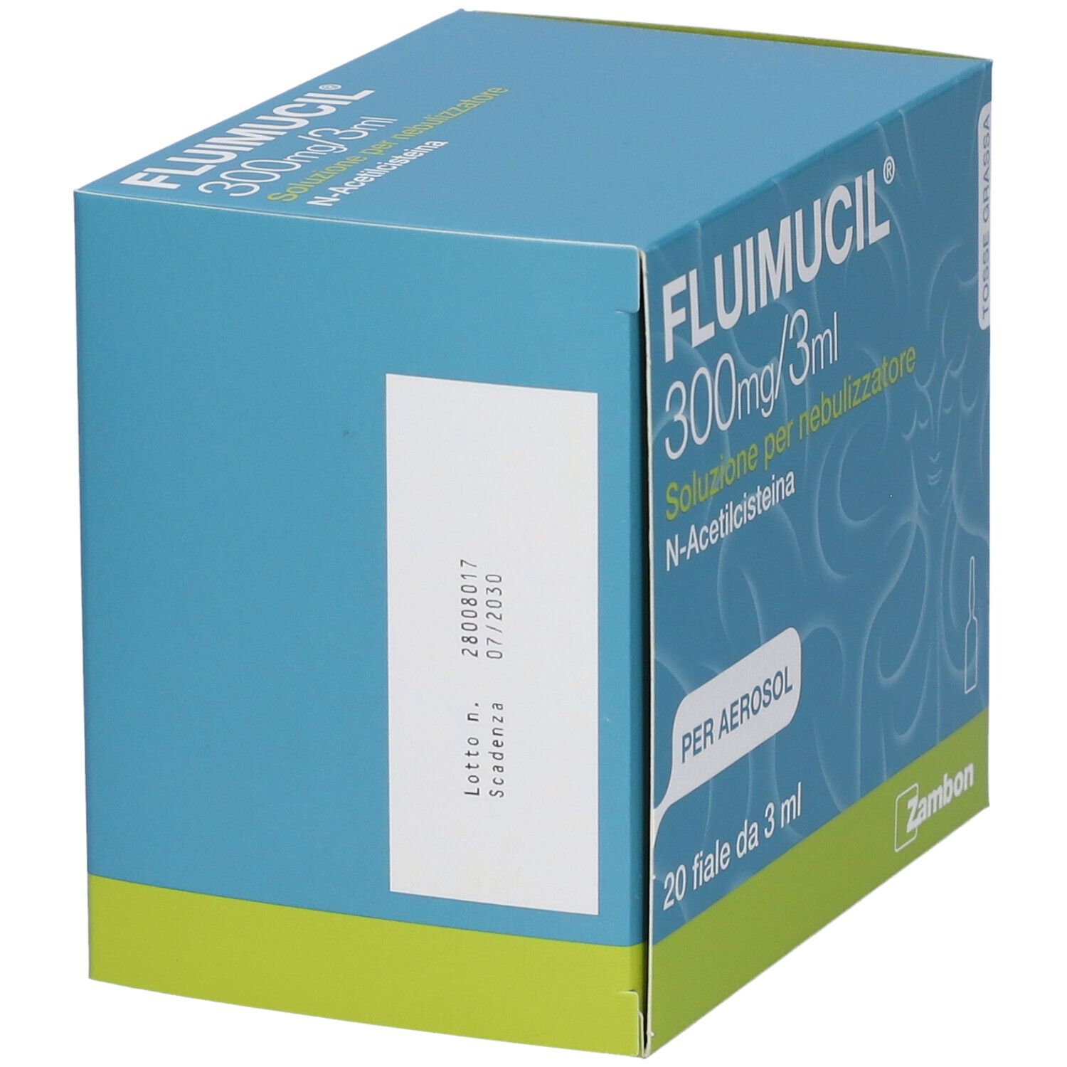 Scatola FLUIMUCIL 300mg/3ml. Confezione blu e verde. Contiene 20 fiale. Nome e logo del prodotto visibili.