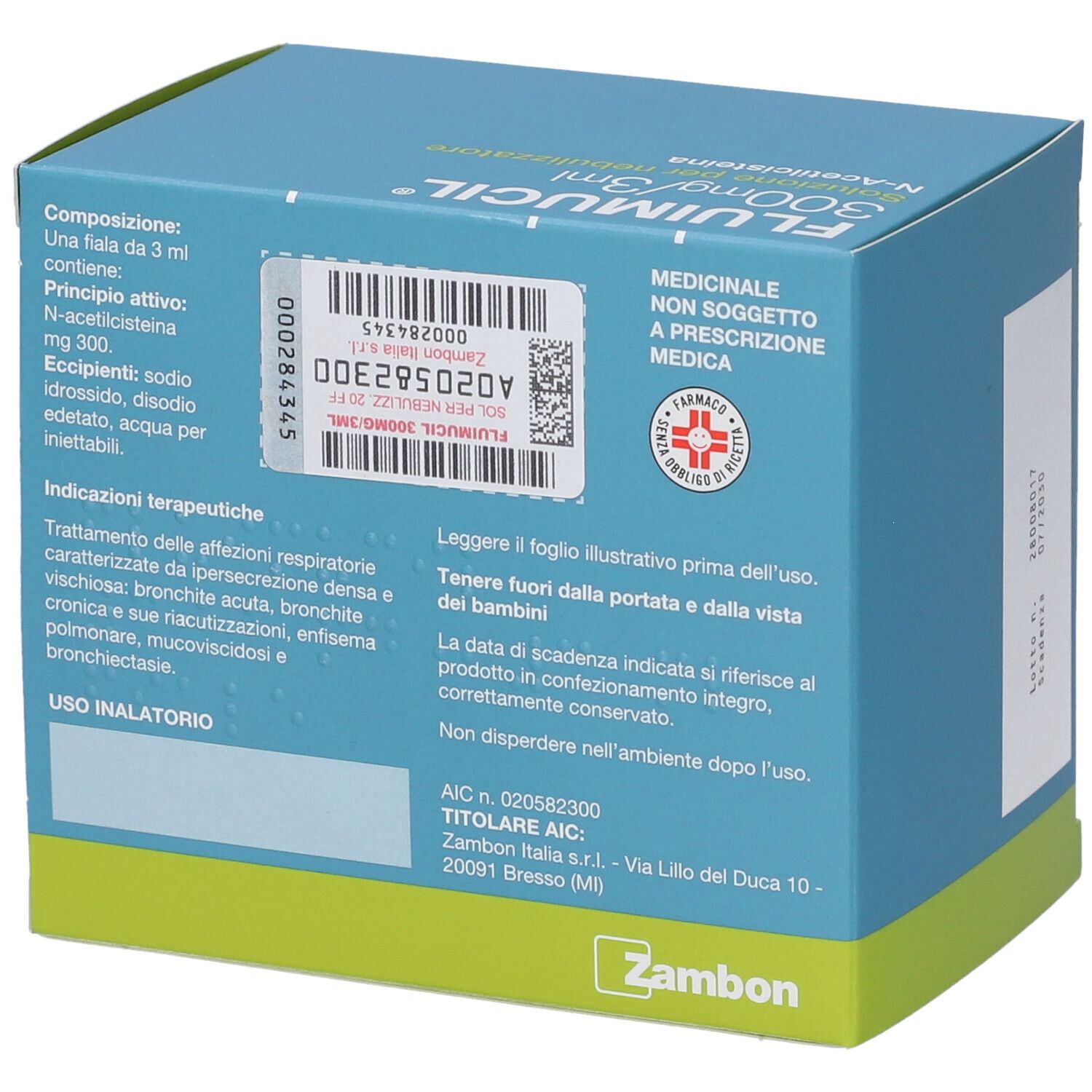 Retro della confezione FLUIMUCIL. Informazioni testuali, ingredienti, istruzioni per l'uso e informazioni del produttore visibili.