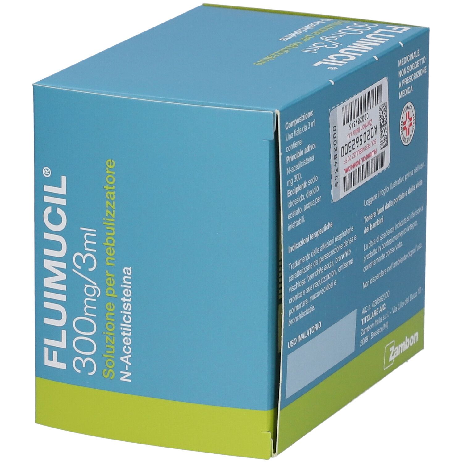 Confezione FLUIMUCIL 300mg/3ml. Scatola blu e verde con nome del prodotto e dosaggio. Logo del produttore visibile.