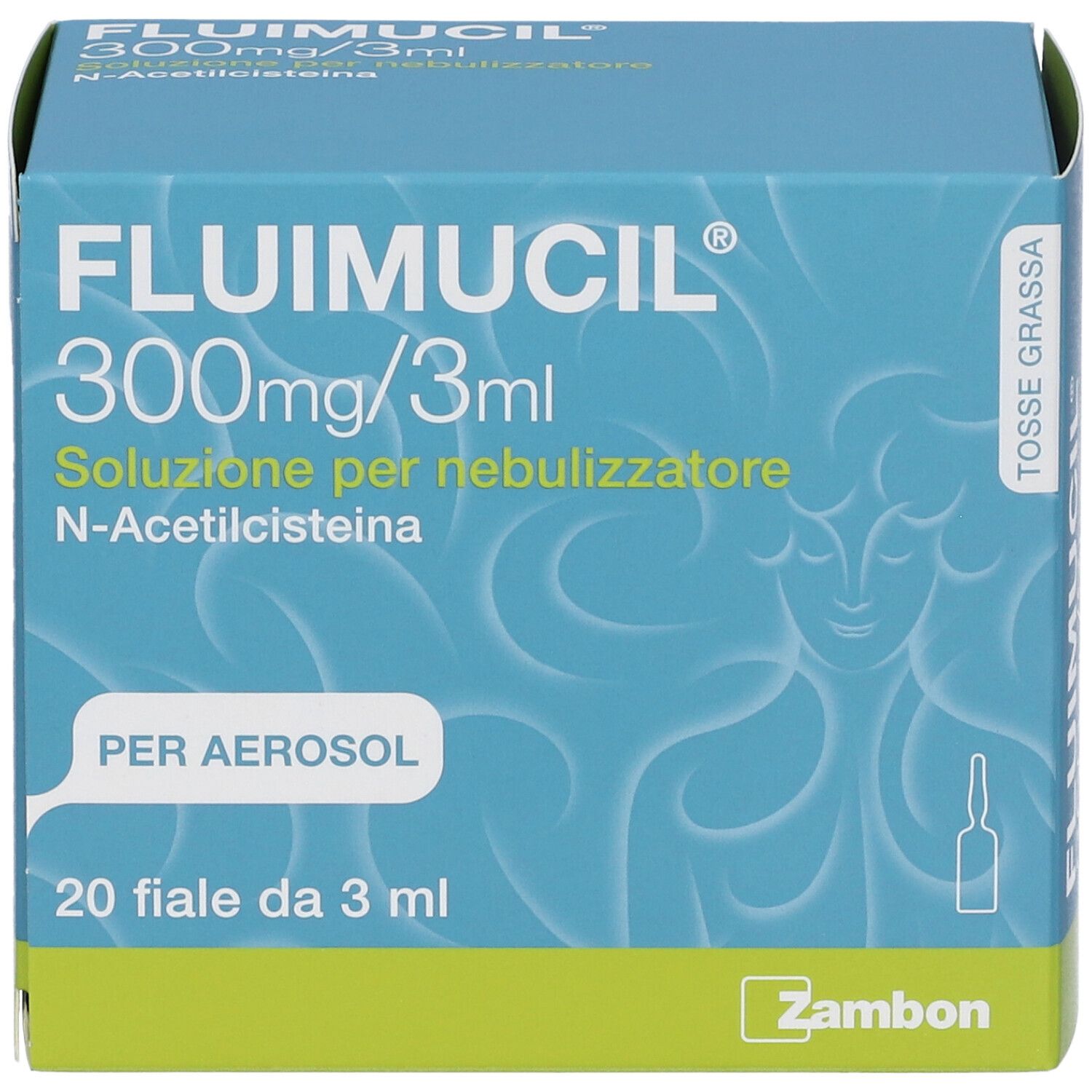 Scatola FLUIMUCIL 300mg/3ml. Confezione blu e verde. Contiene 20 fiale. Nome e logo del prodotto ben visibili.