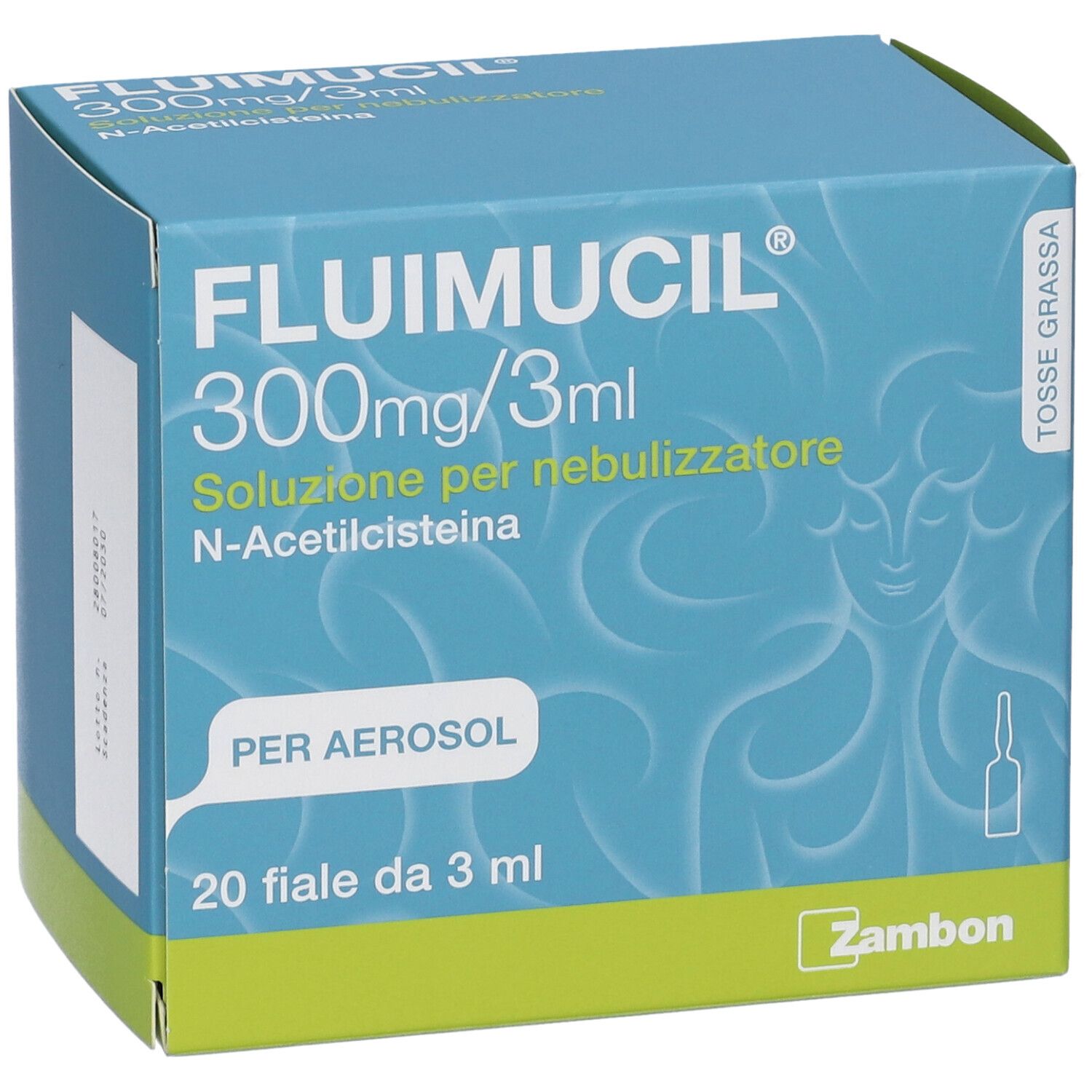 Confezione FLUIMUCIL 300mg/3ml. Scatola blu e verde. Contiene 20 fiale. Nome e logo del prodotto visibili.