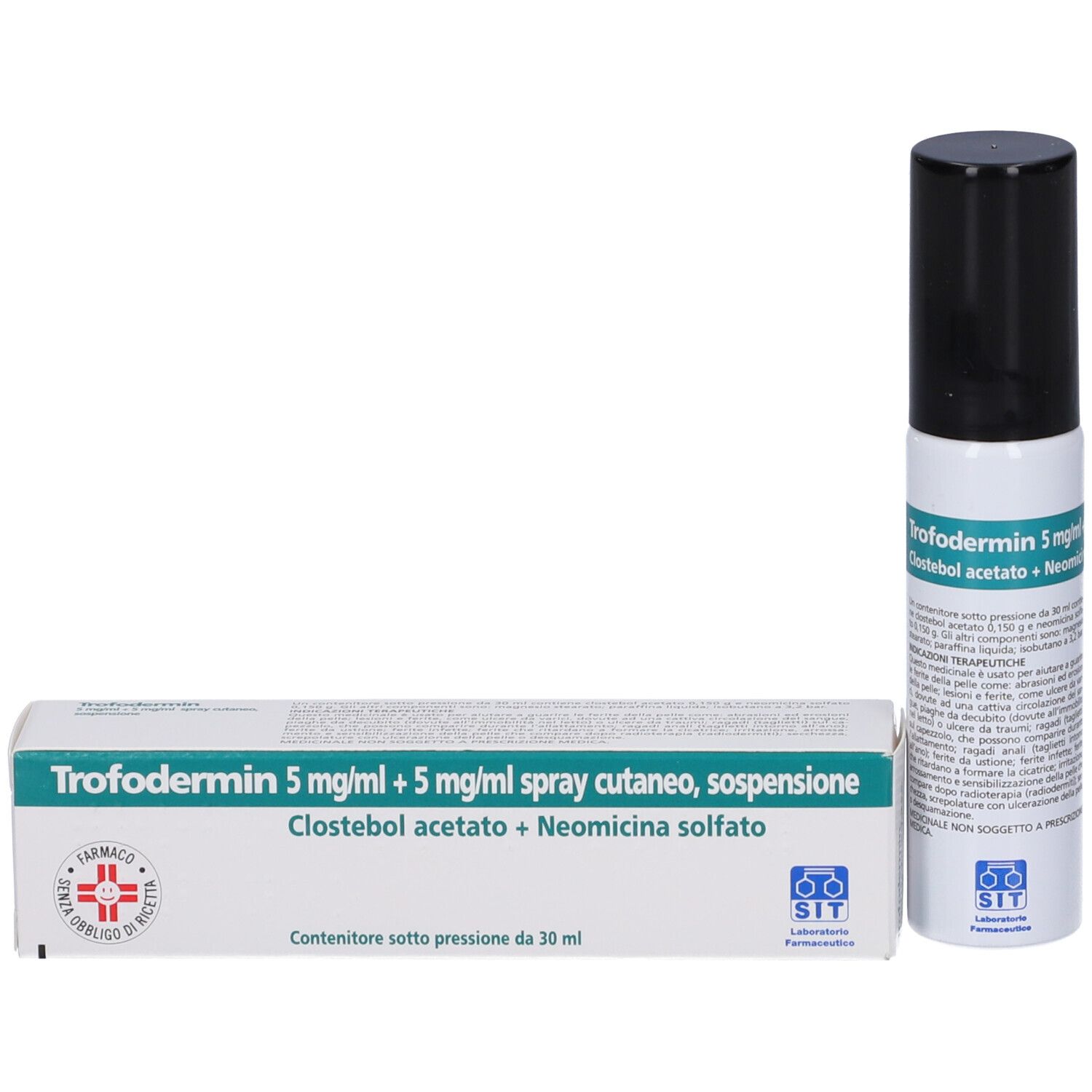 Lattina spray Trofodermin e confezione una accanto all'altra su sfondo bianco.