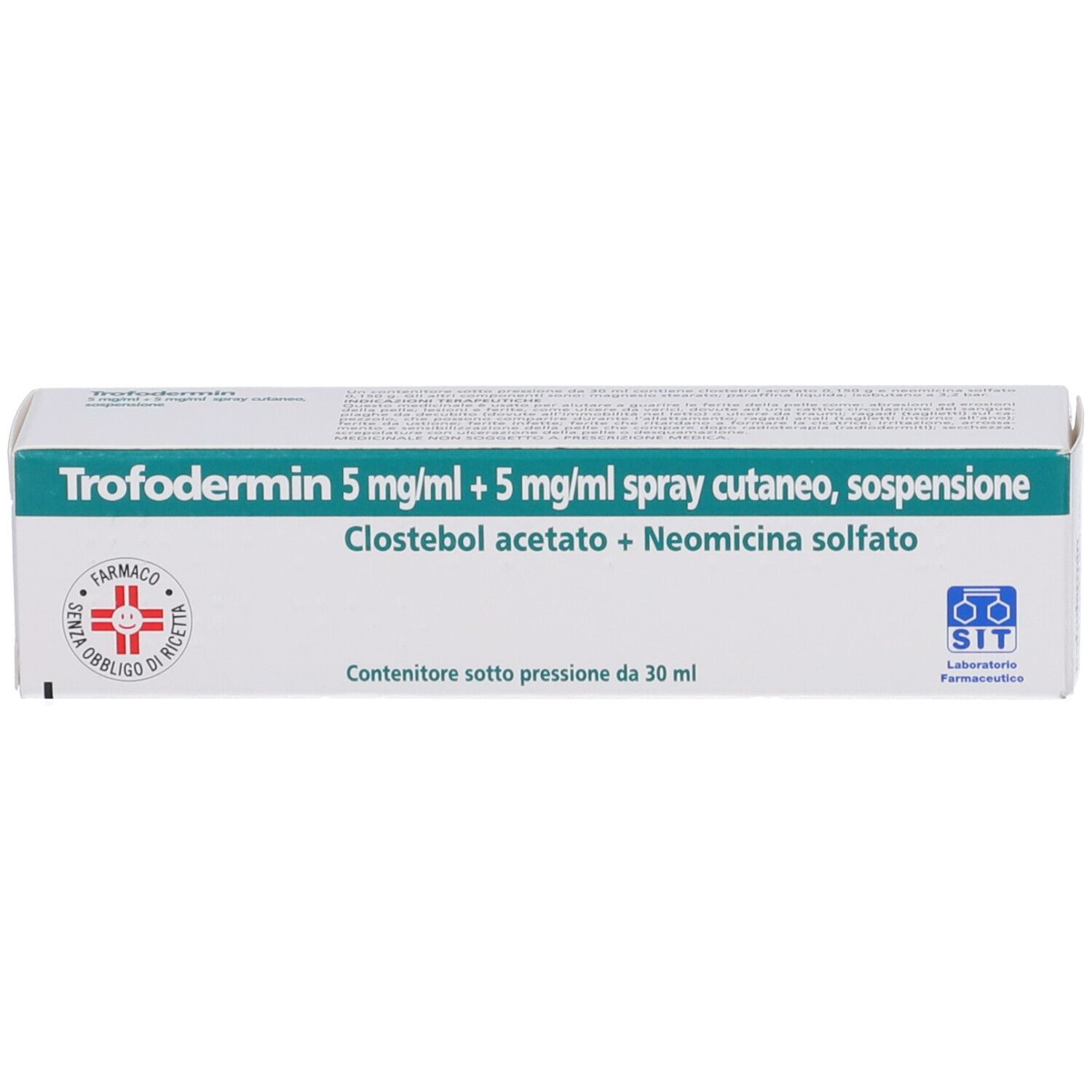 Confezione spray Trofodermin con nome del prodotto e logo del produttore.