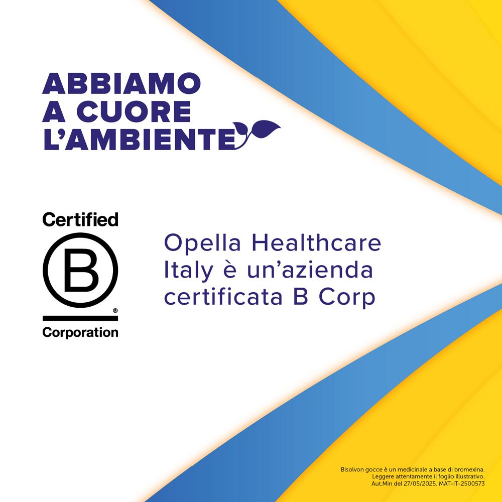 Sfondo giallo con certificazione 'B Corp'. Testo: 'Opella Healthcare Italy'.