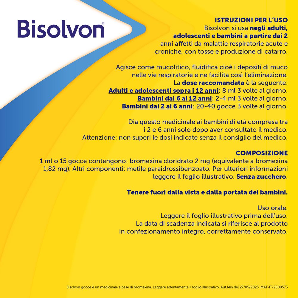 Pagina di testo con informazioni su 'Bisolvon'. Contiene istruzioni per il dosaggio e ingredienti.