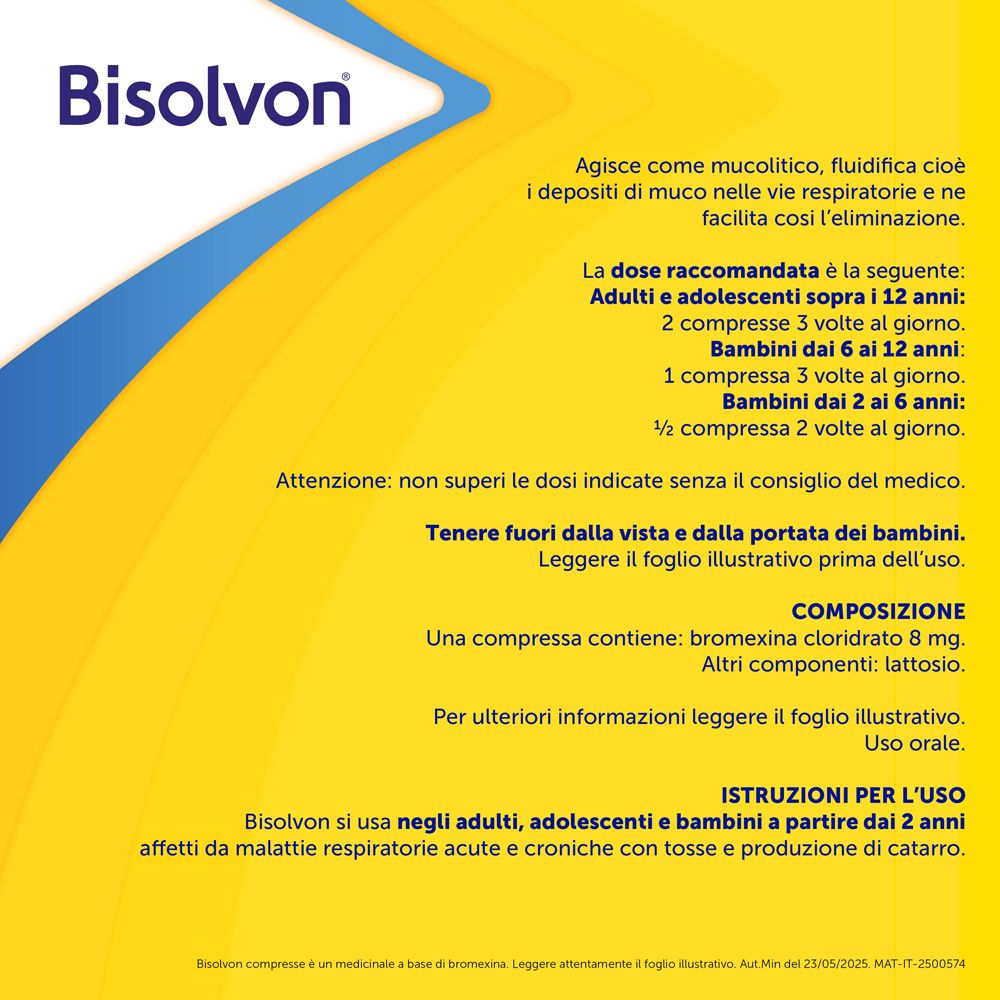 Sfondo giallo con testo. Dosaggio per adulti, adolescenti, bambini. Composizione: bromexina cloridrato, lattosio.