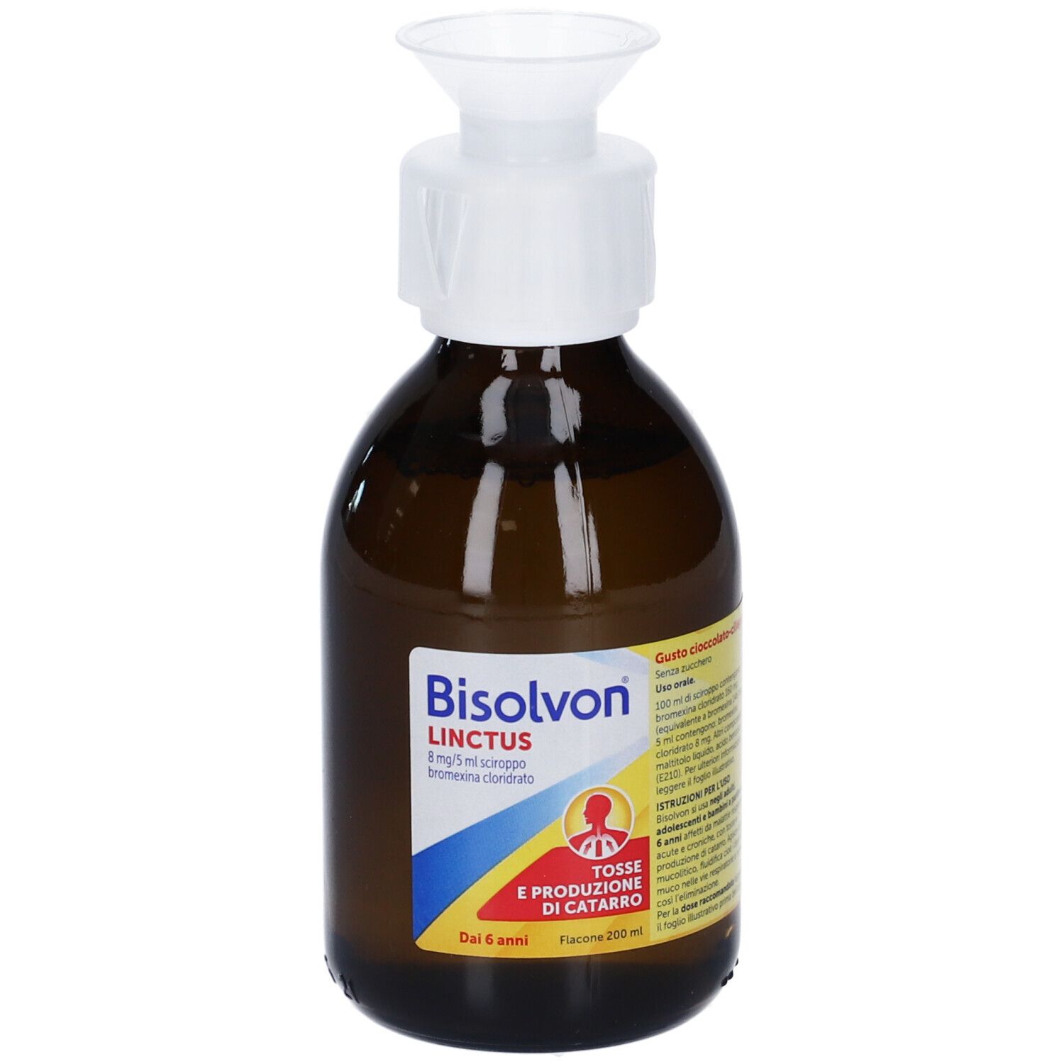 Flacone marrone Bisolvon Linctus. Tappo bianco. Testo: 8 mg/5 ml, bromexina cloridrato.