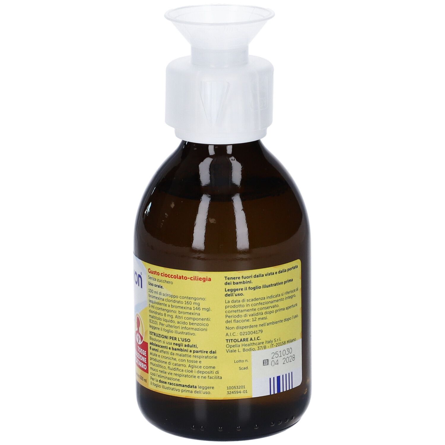 Flacone Bisolvon Linctus. Vetro marrone, tappo bianco. Testo illeggibile.