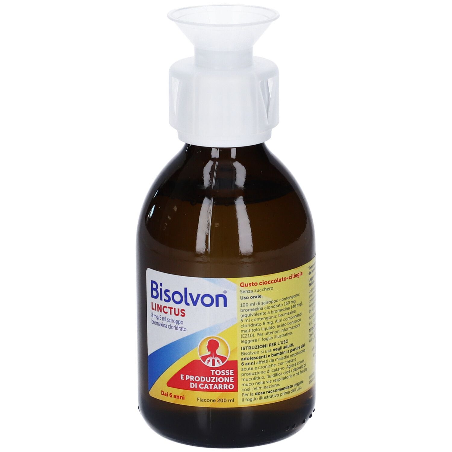 Flacone Bisolvon Linctus. Vetro marrone, tappo bianco. Testo illeggibile.