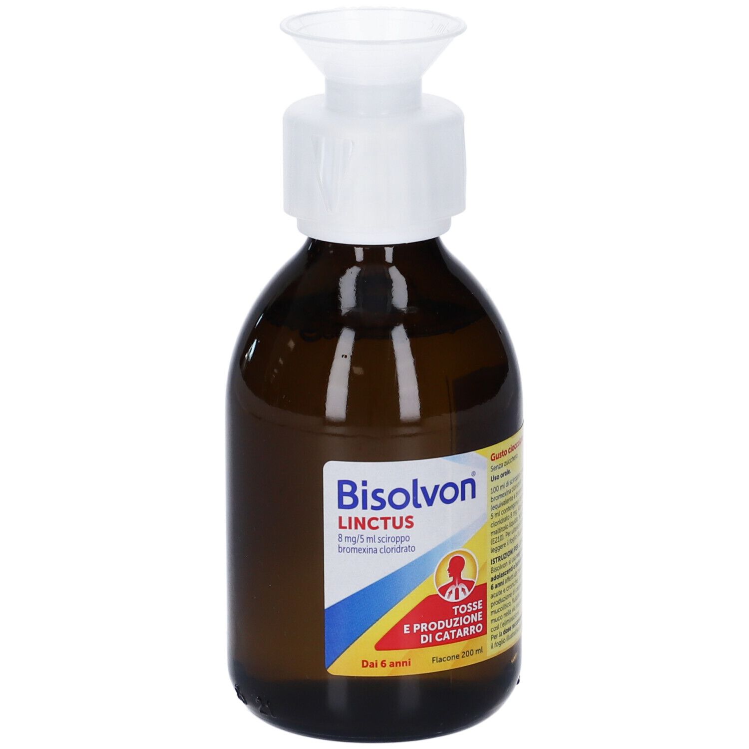 Flacone Bisolvon Linctus. Vetro marrone, tappo bianco. Testo illeggibile.