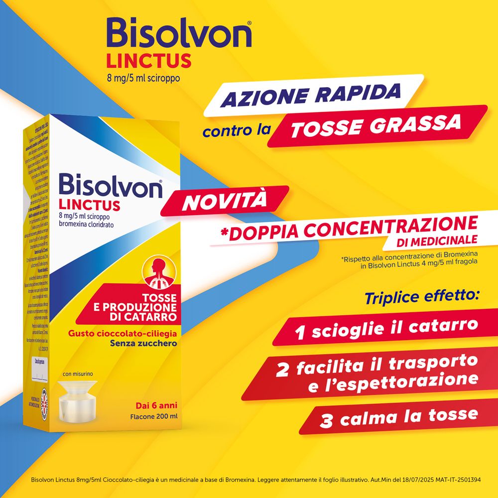 Sfondo giallo con testo. Bisolvon Linctus, 8 mg/5 ml. Testo: Azione rapida contro la tosse grassa. Novità: Doppia concentrazione.
