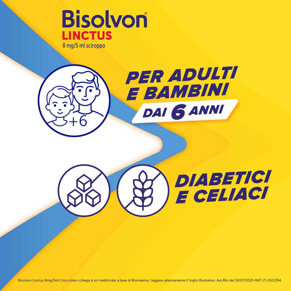 Sfondo giallo. Testo: Per adulti e bambini dai 6 anni. Simboli: Diabetici e celiaci.