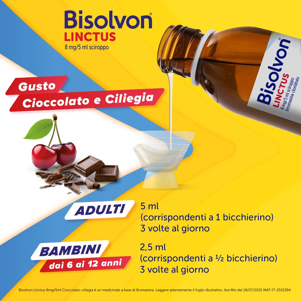 Sfondo giallo. Testo: Gusto cioccolato e ciliegia. Dosaggio per adulti e bambini. Ciliegie e cioccolato.