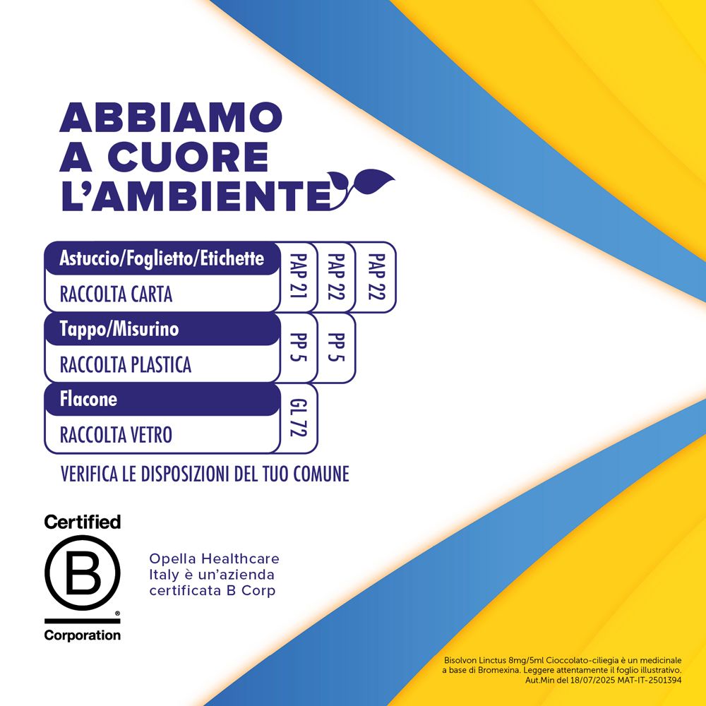 Testo: Abbiamo a cuore l'ambiente. Informazioni sullo smaltimento. Certificazione B Corp.