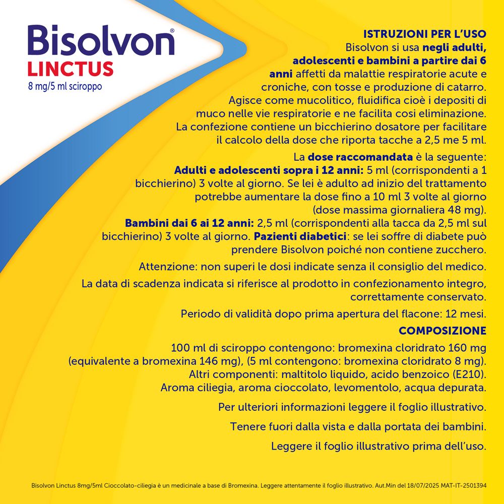 Testo: Istruzioni per l'uso di Bisolvon Linctus. Dosaggio per adulti e bambini. Composizione e altre informazioni.