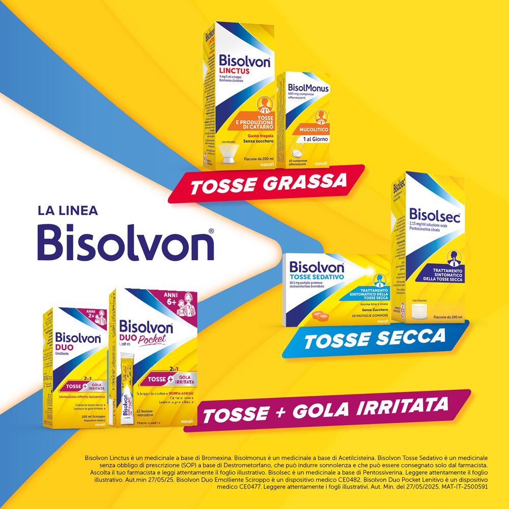 Vari prodotti Bisolvon. Testo: Tosse, mal di gola. Prodotti per tosse secca e grassa.
