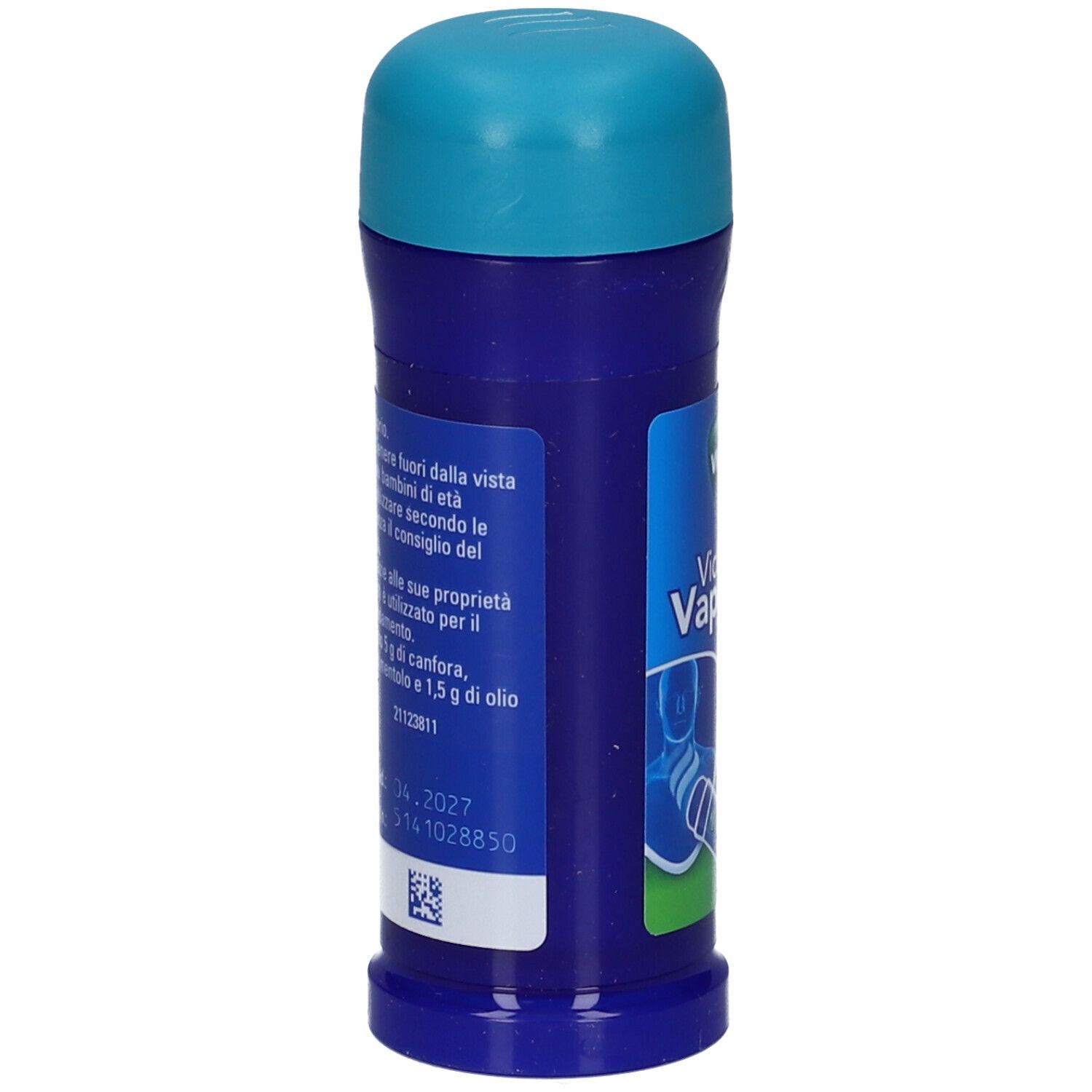 Stick applicatore blu e turchese. Retro con testo. Stampa: Vicks VapoRub. Codice QR e data di scadenza.