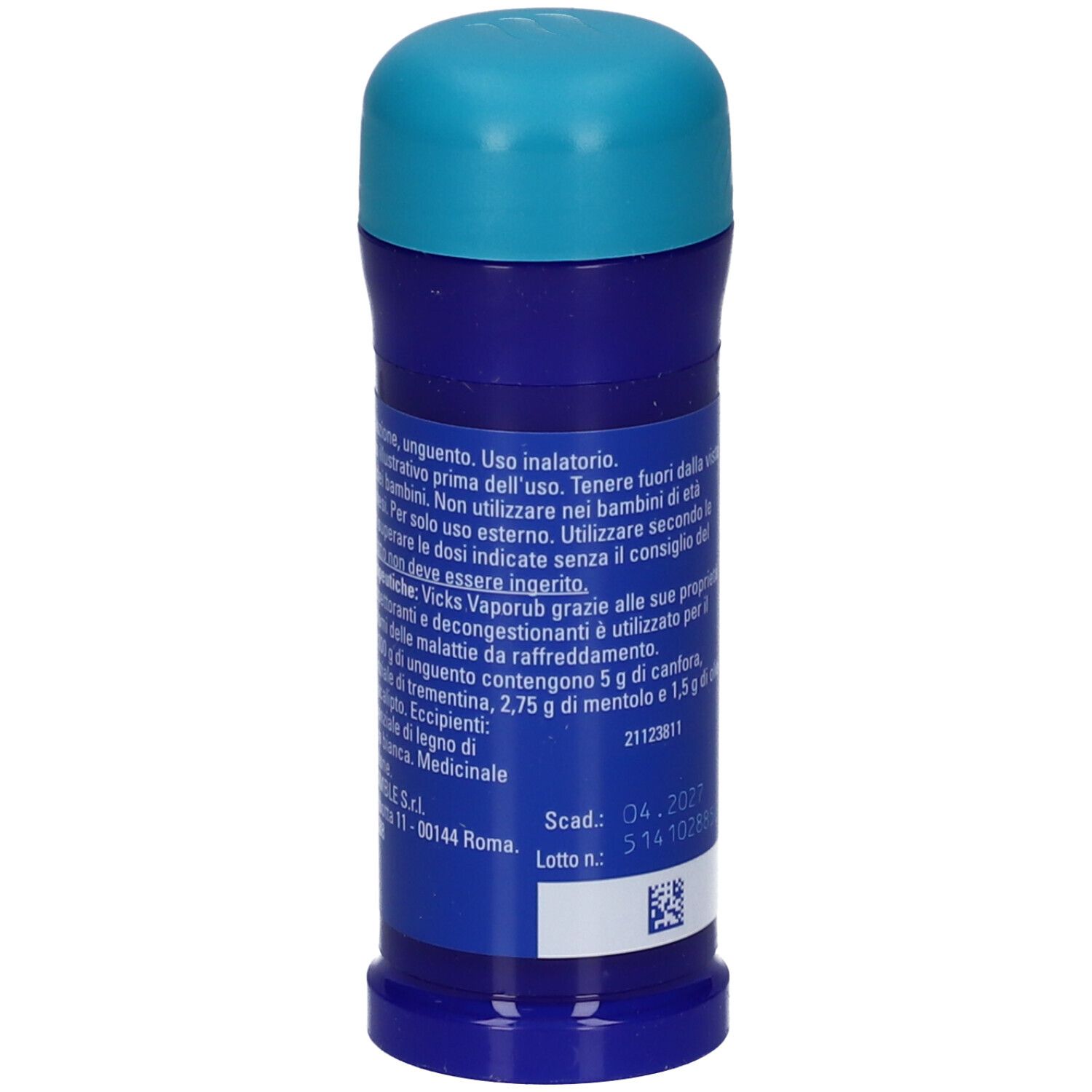 Stick applicatore blu e turchese. Retro con testo. Stampa: Vicks VapoRub. Codice QR e data di scadenza.