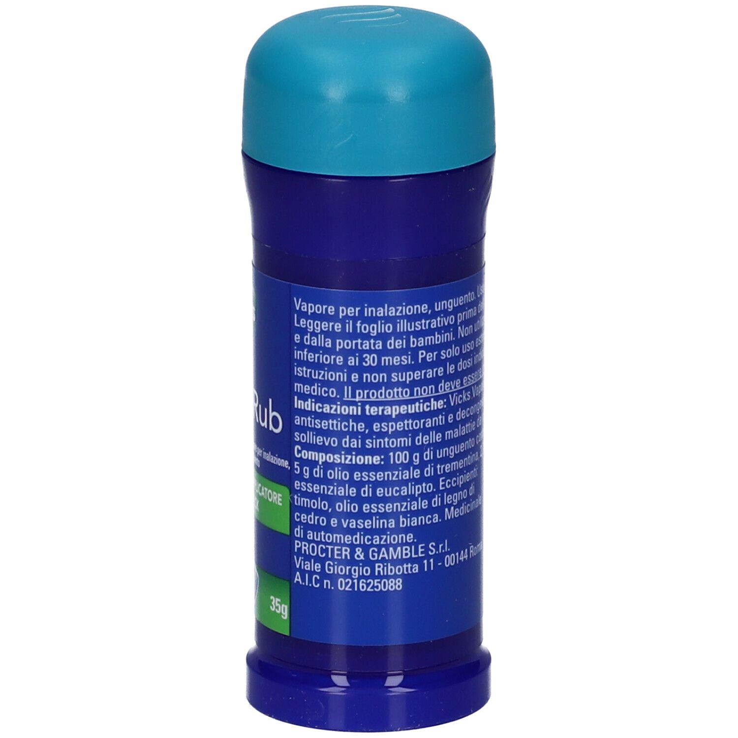 Stick applicatore blu e turchese. Retro con testo. Stampa: Vicks VapoRub. Codice QR e data di scadenza.